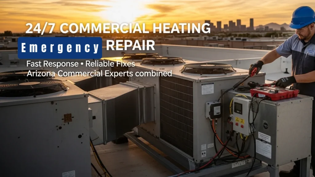 Commercial heating repair technician fixing rooftop unit in Arizona