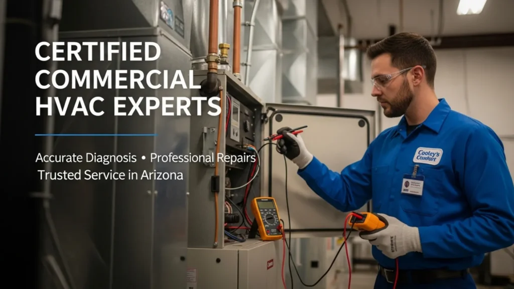 Certified commercial HVAC technician repairing furnace