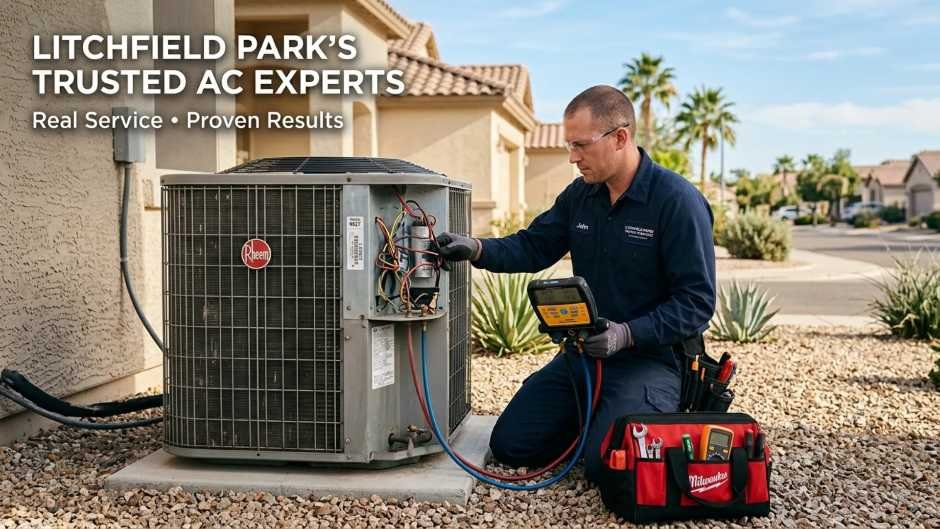 HVAC technician repairing AC system in Litchfield Park Arizona home