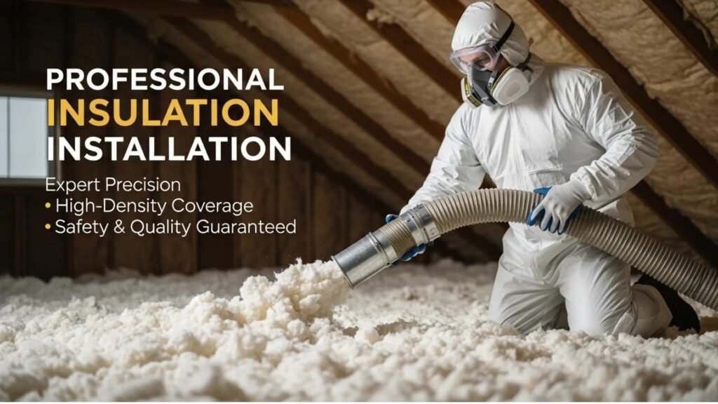 technician installing blown-in attic insulation