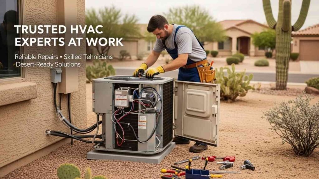 HVAC technician repairing AC in Apache Junction AZ