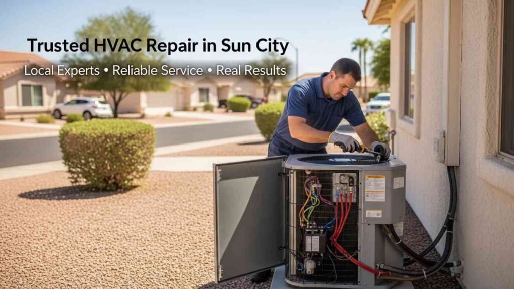 HVAC technician repairing air conditioning system in Sun City AZ home