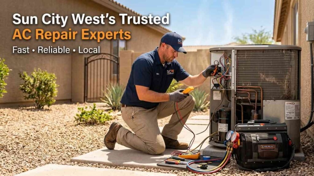 HVAC technician repairing AC system in Sun City West AZ home