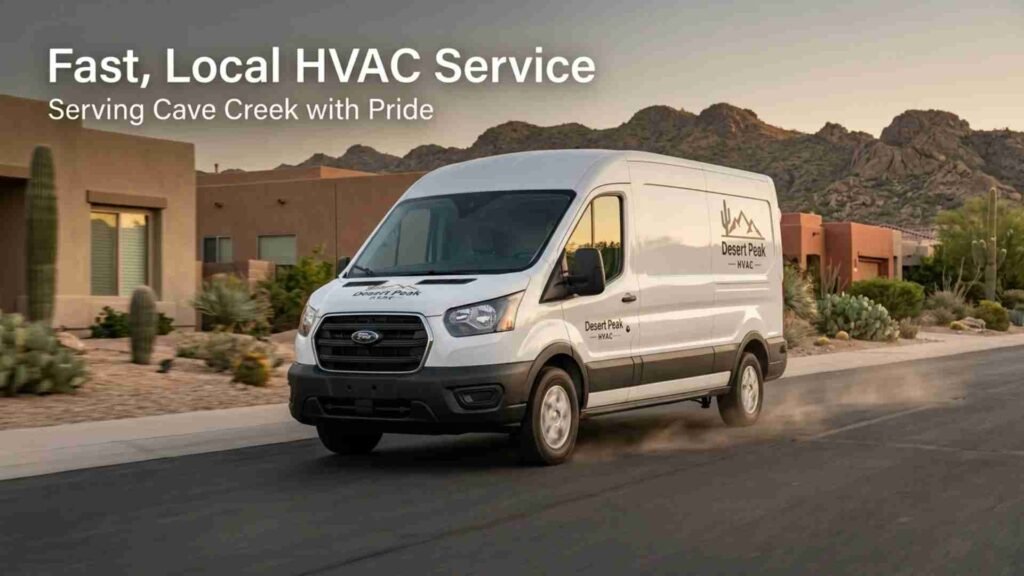 HVAC service van driving through Cave Creek Arizona neighborhood