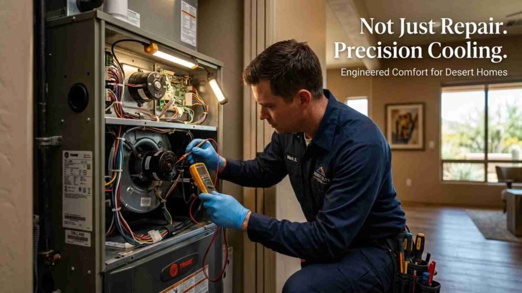 HVAC technician repairing air conditioner in Cave Creek Arizona home