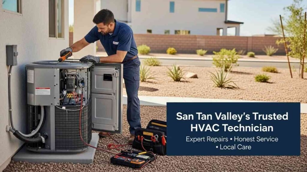 HVAC technician repairing AC unit in San Tan Valley AZ