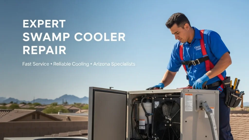 swamp cooler repair technician in Arizona fixing evaporative cooler