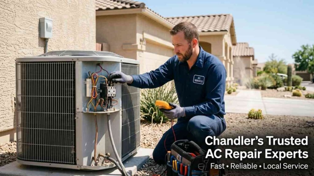 HVAC technician repairing air conditioner in Chandler AZ home