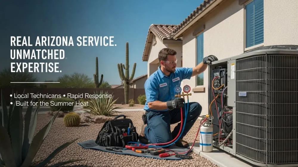 HVAC technician repairing AC system in Arizona home during hot weather