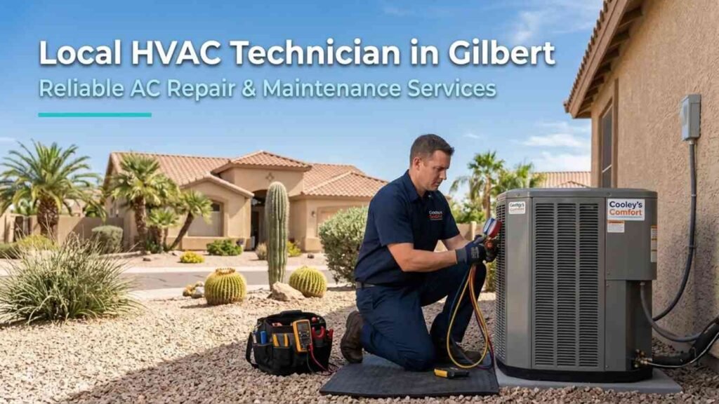 HVAC technician servicing AC unit in Gilbert AZ