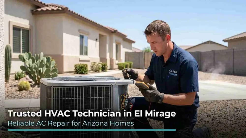 HVAC technician repairing air conditioner in El Mirage Arizona home