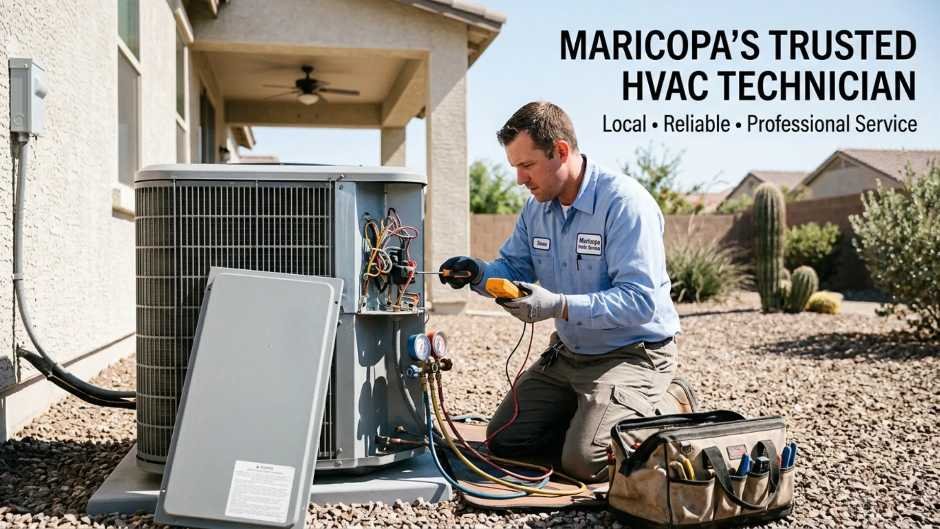 HVAC technician servicing AC unit in Maricopa AZ home
