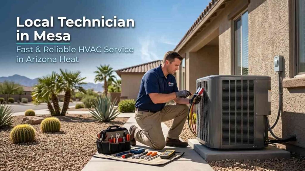HVAC technician repairing AC unit in Mesa AZ