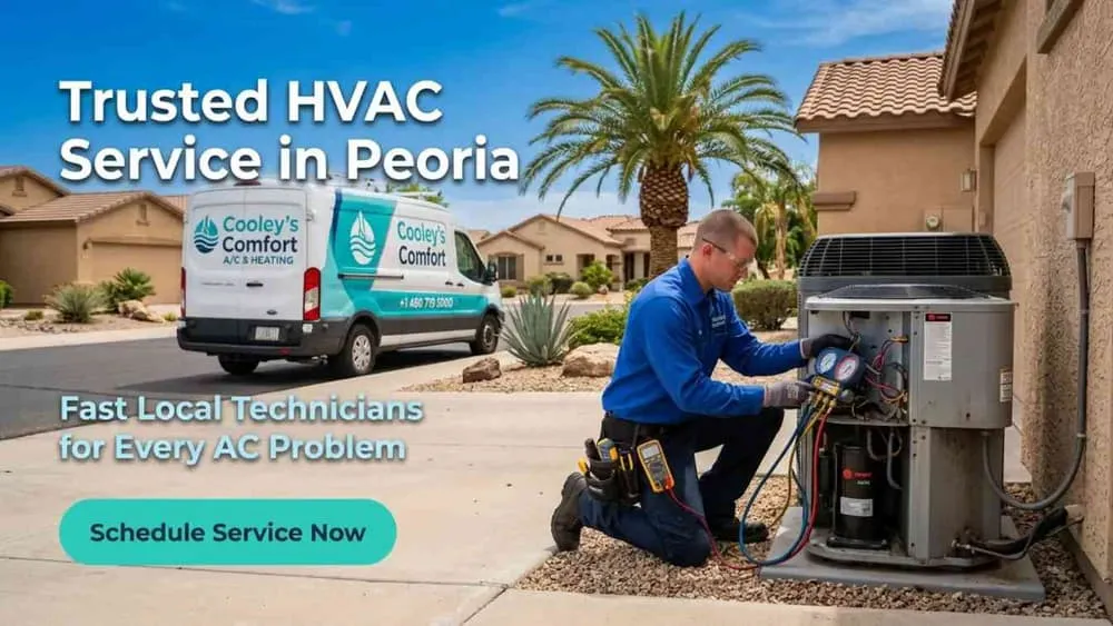 HVAC technician working on AC unit in Peoria AZ home
