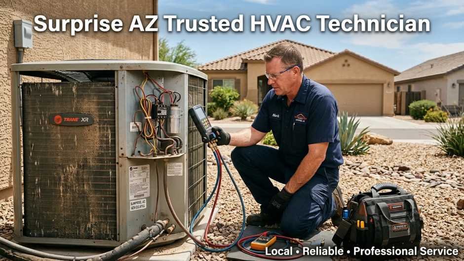 HVAC technician repairing AC system in Surprise AZ