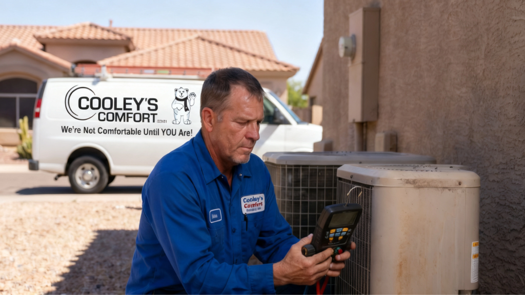 A professional Cooley's Comfort HVAC technician inspecting an outdoor air conditioning unit during a routine maintenance service in Arizona.